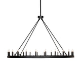 Side profile of 24 light chandelier with suspended ring design.