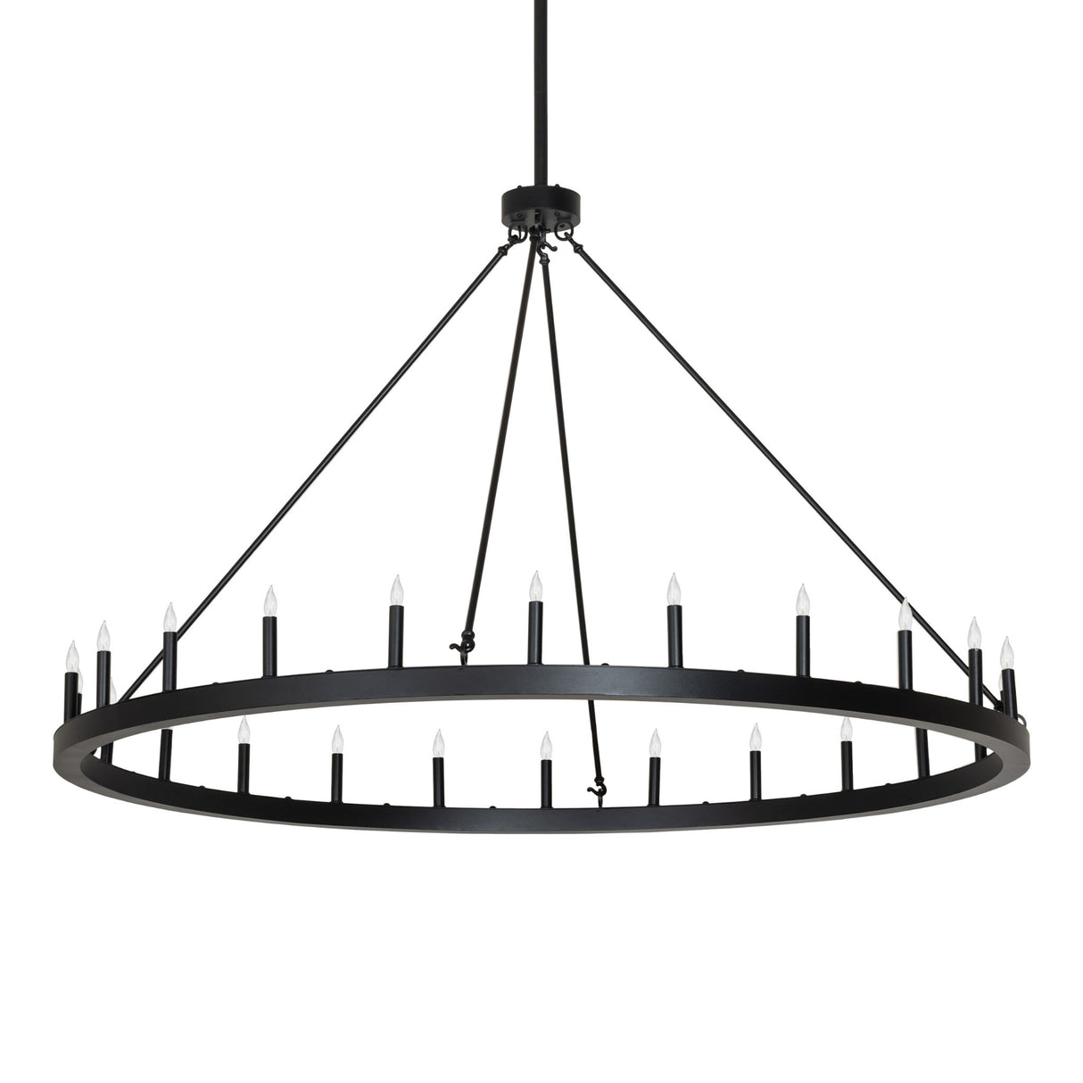 Unlit view of 24 light ring chandelier showing textured black finish.