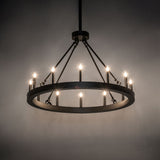 Ambient view of ring chandelier illuminated in modern interior setting.