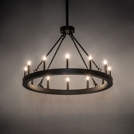 Ambient view of ring chandelier illuminated in modern interior setting.