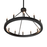 Bottom angle view of ring chandelier showing circular frame and candle lights.