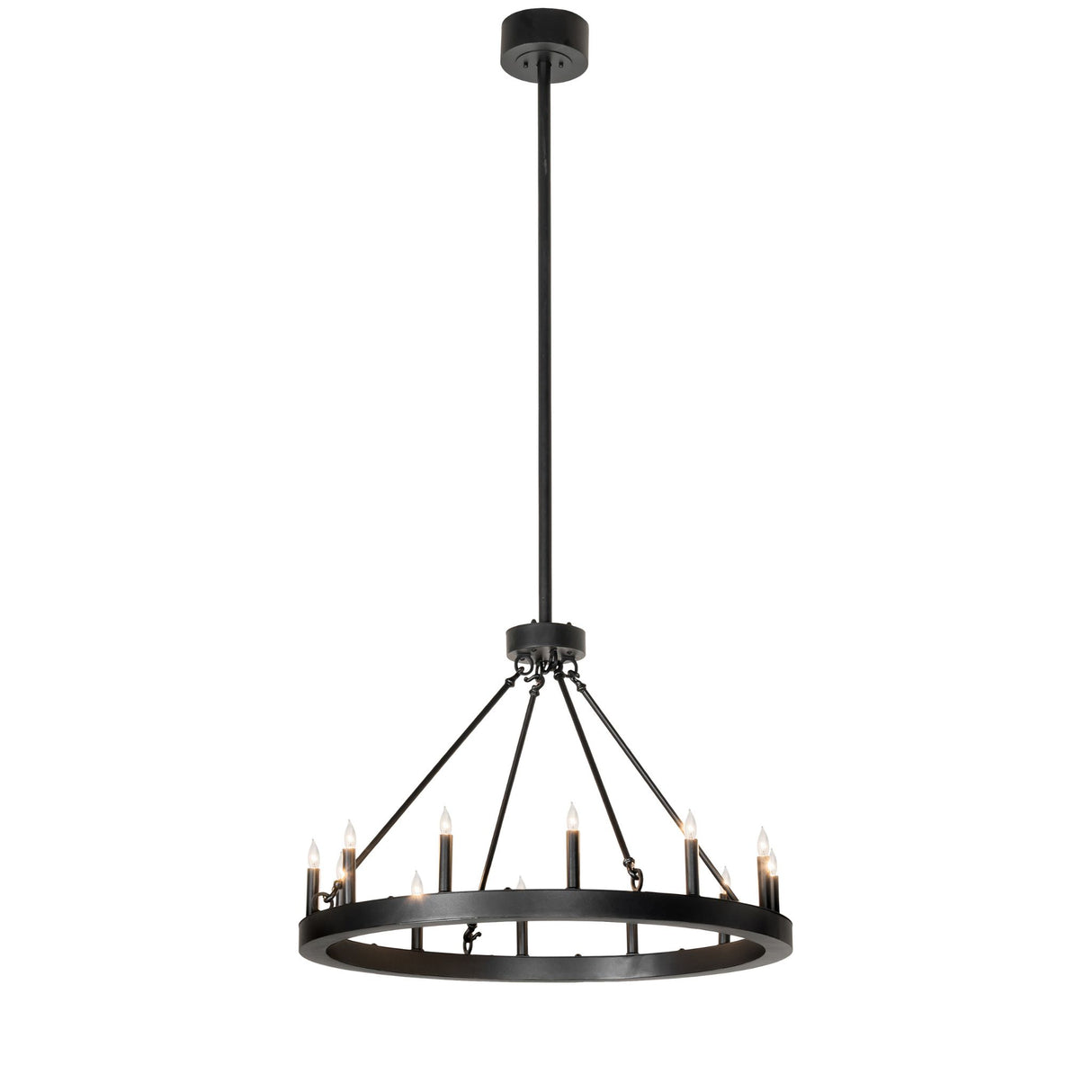 Full view of ring chandelier with twelve lit candle lights and canopy.
