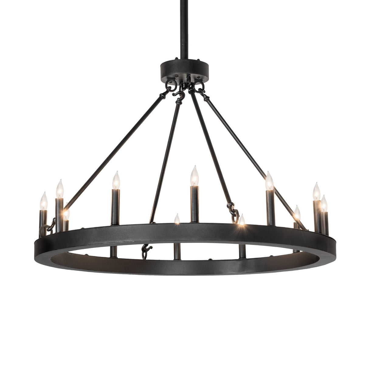 Lit view of ring chandelier with twelve candle lights.