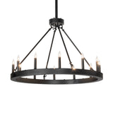 Lit view of ring chandelier with twelve candle lights.