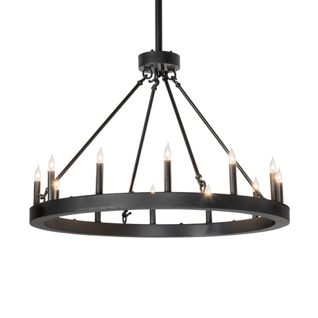 Lit view of ring chandelier with twelve candle lights.
