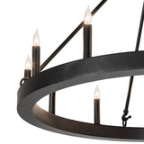 Close-up of chandelier circular metal ring with candle lights.