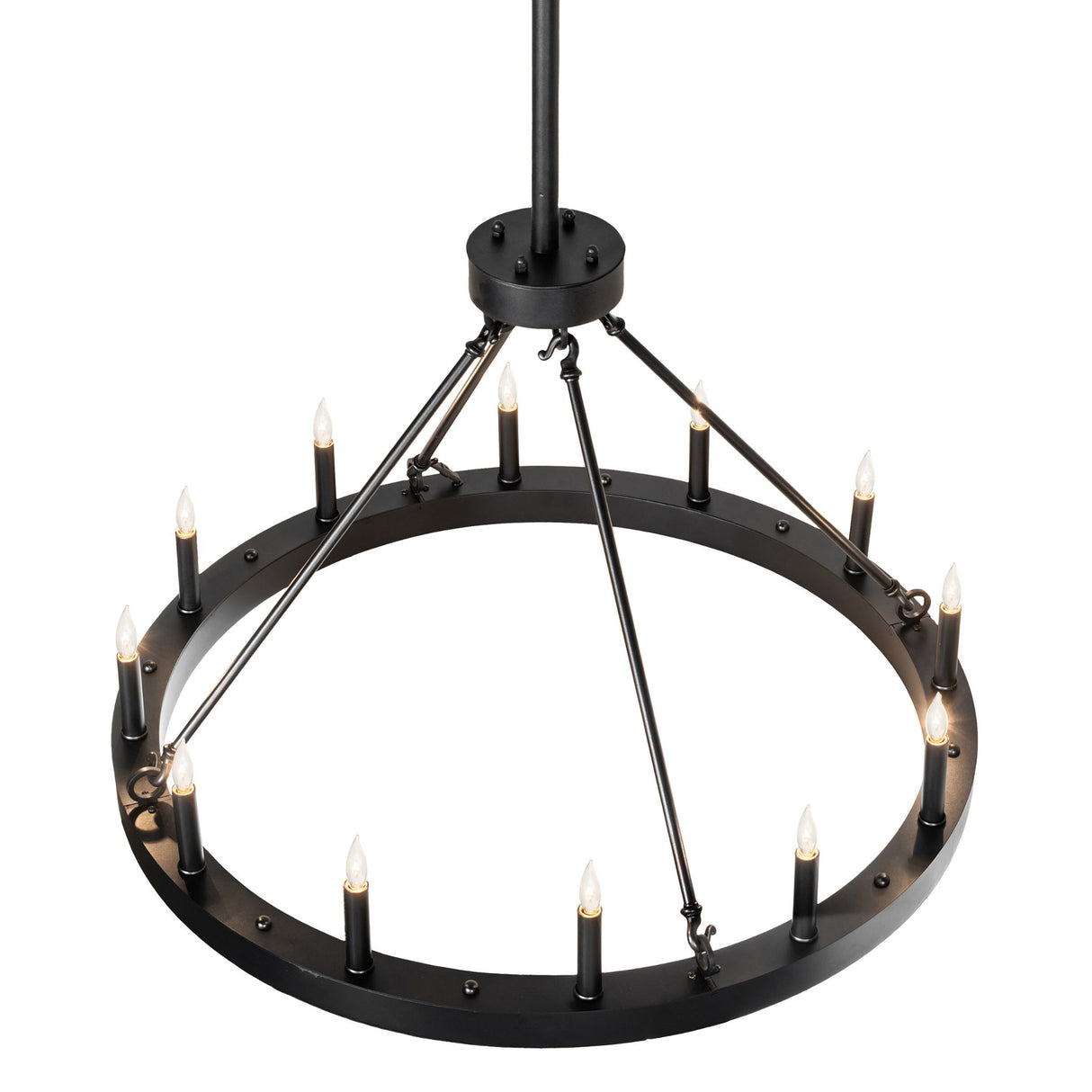 Top angle view of ring chandelier frame with candle style lights.