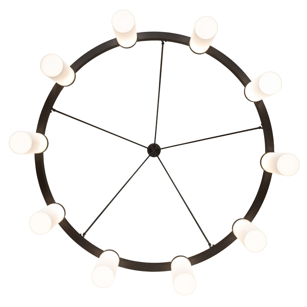 Bottom view of chandelier showing circular layout of lights on frame.