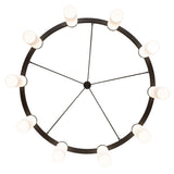 Bottom view of chandelier showing circular layout of lights on frame.