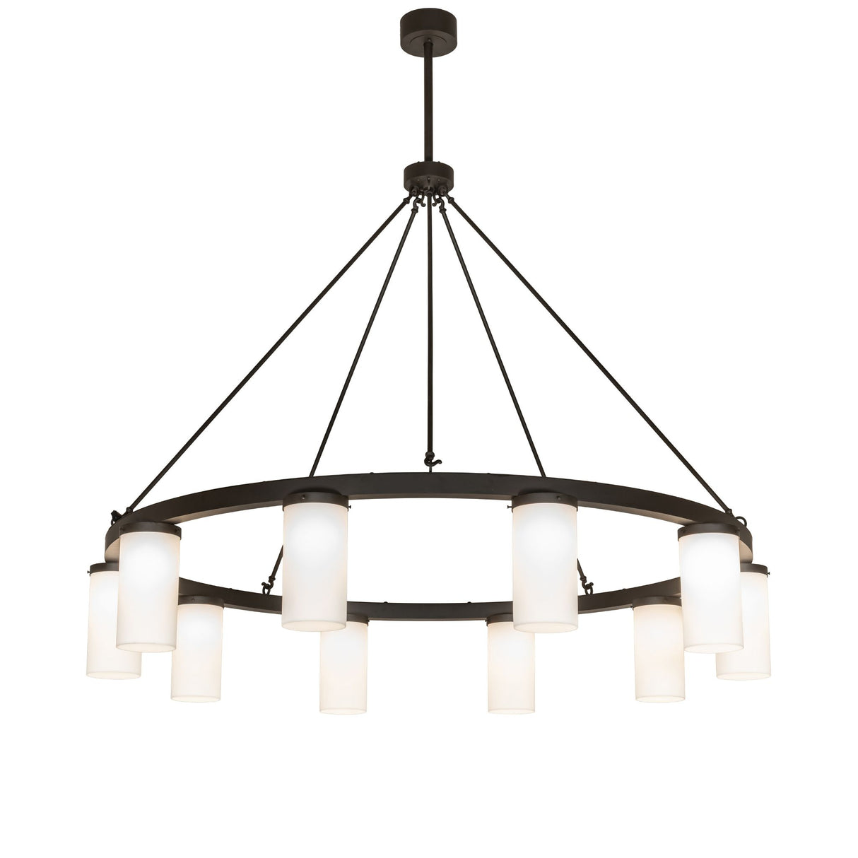 Lit view of 10 light chandelier showing circular frame with lights.