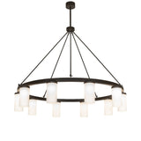 Lit view of 10 light chandelier showing circular frame with lights.