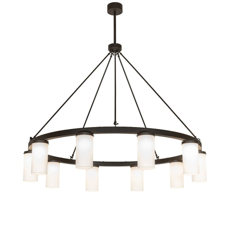 Lit view of 10 light chandelier showing circular frame with lights.