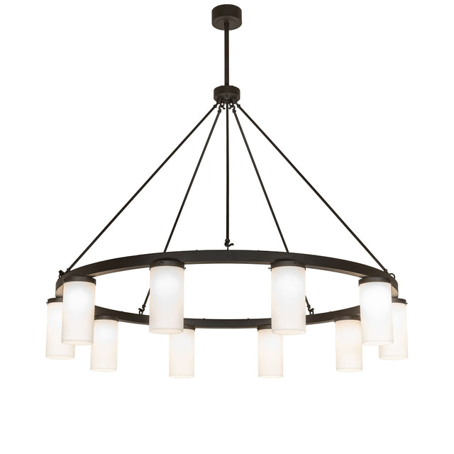 Lit view of 10 light chandelier showing circular frame with lights.