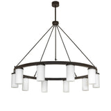 Unlit view of chandelier with bronze ring frame and frosted shades.