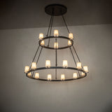 Loxley two tier 18 light chandelier glowing in interior ambient setting.