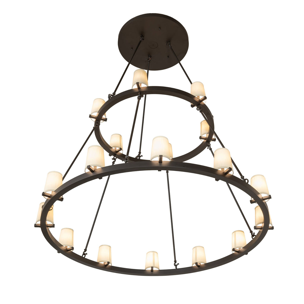 Bottom angle view of Loxley two tier 18 light chandelier structure.
