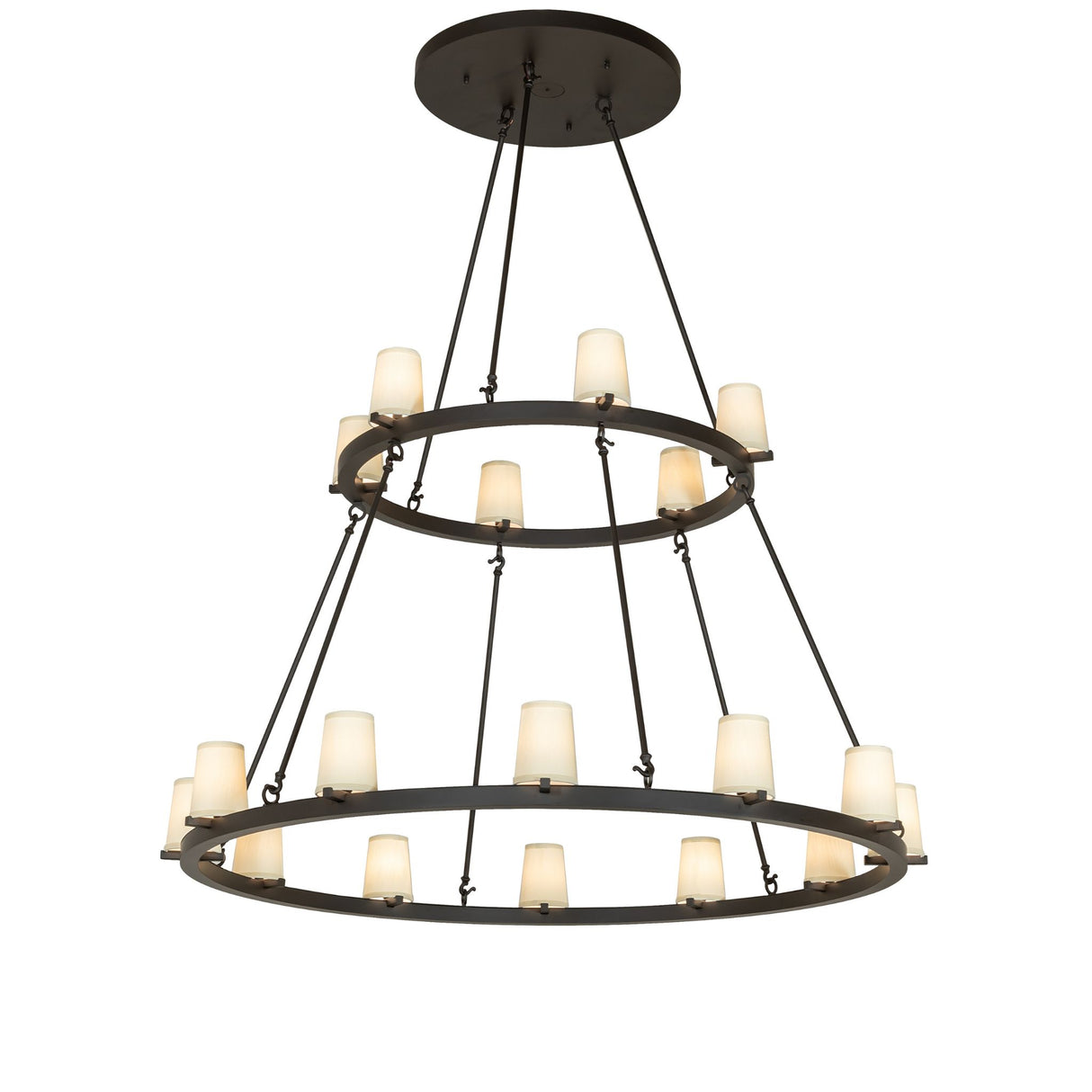 Lit view of two tier 18 light chandelier with antique white cylinders and bronze rings.