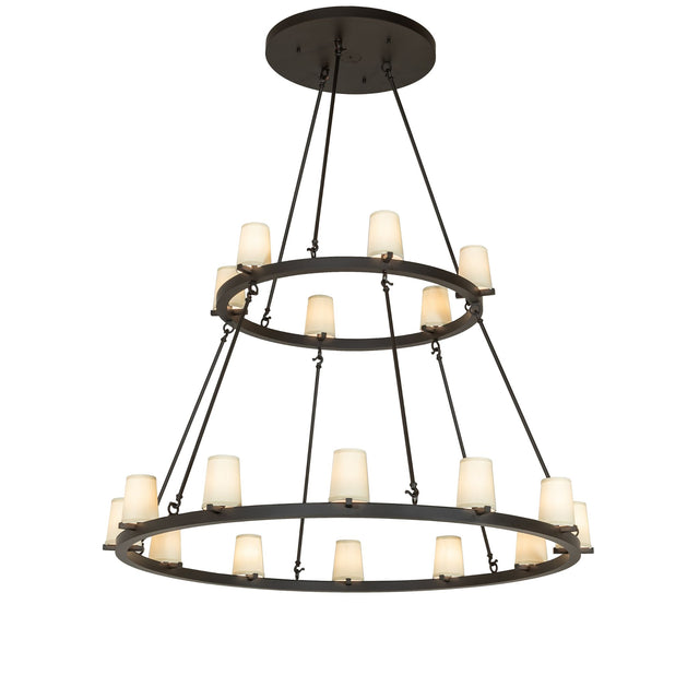 Lit view of two tier 18 light chandelier with antique white cylinders and bronze rings.