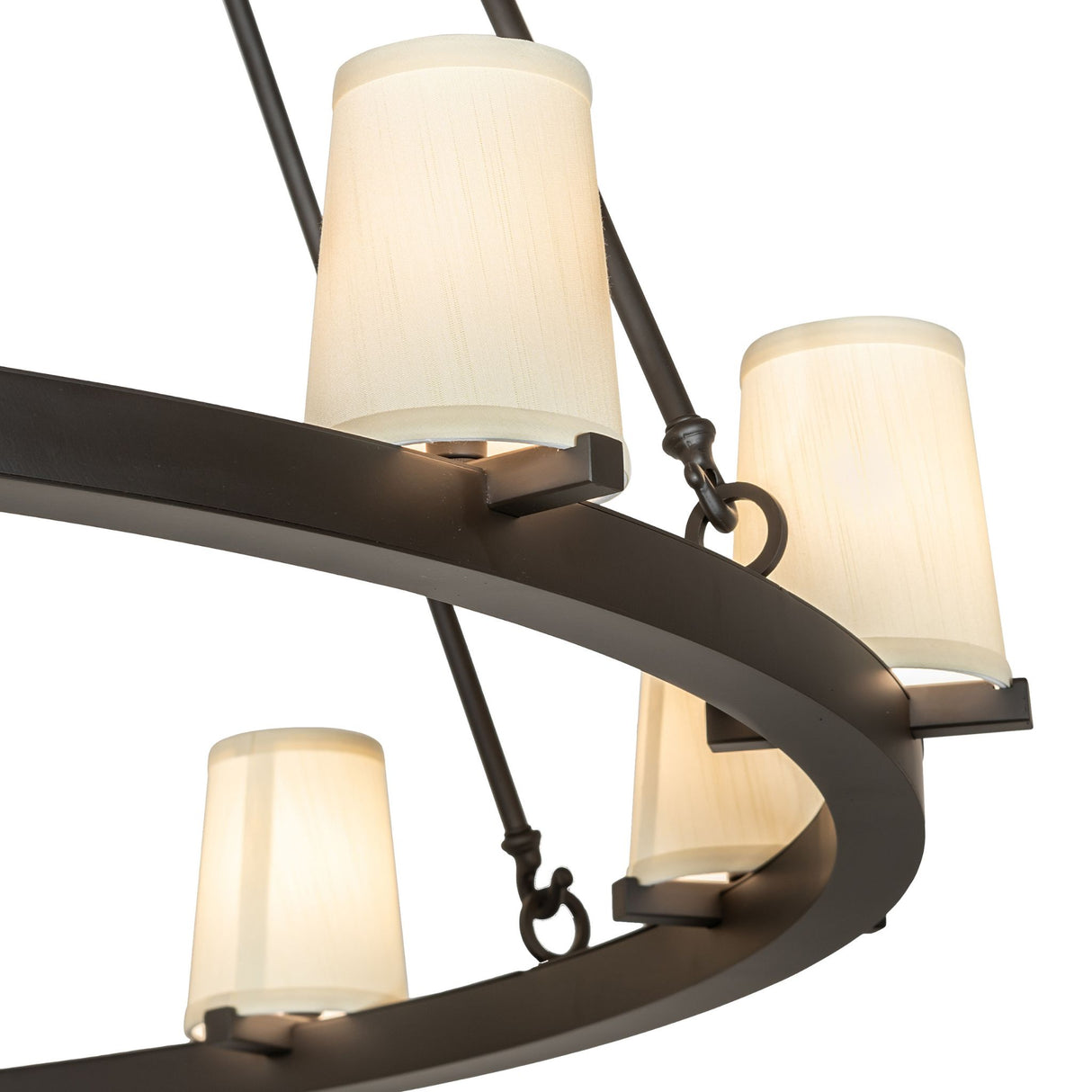 Closeup of oil rubbed bronze ring and shades detail of two tier 18 light chandelier.