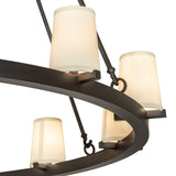 Closeup of oil rubbed bronze ring and shades detail of two tier 18 light chandelier.
