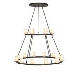 Side view of Loxley two tier 18 light chandelier with suspended rings.