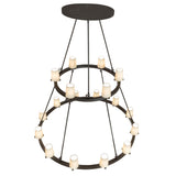 Top angle view of two tier 18 light chandelier showing cylinder lights on rings and suspension design.