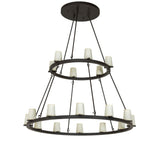 Unlit view of two tier 18 light chandelier showing bronze rings and fabric shades.