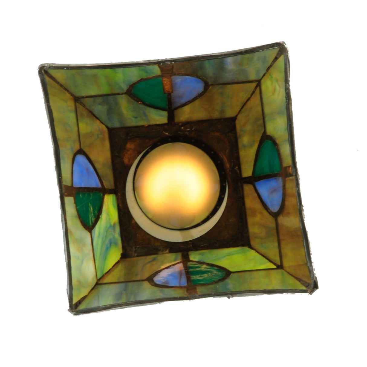 Bottom view of the Mackintosh Leaf Mini Pendant with intricate stained glass patterns.