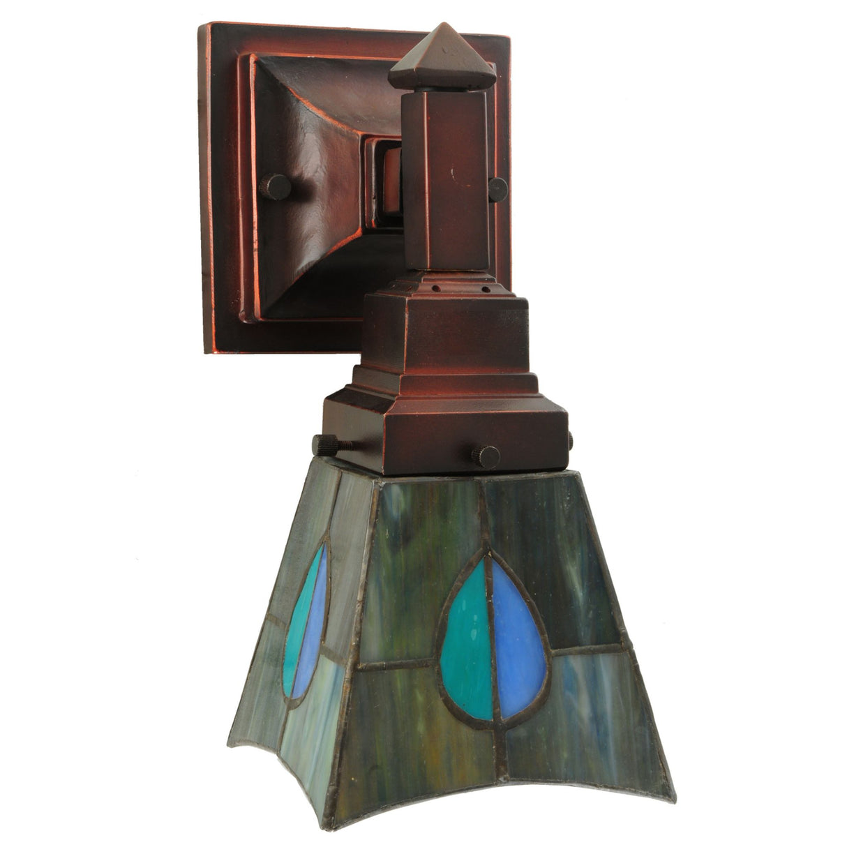 Angled perspective showing the stained glass leaf design of the sconce.