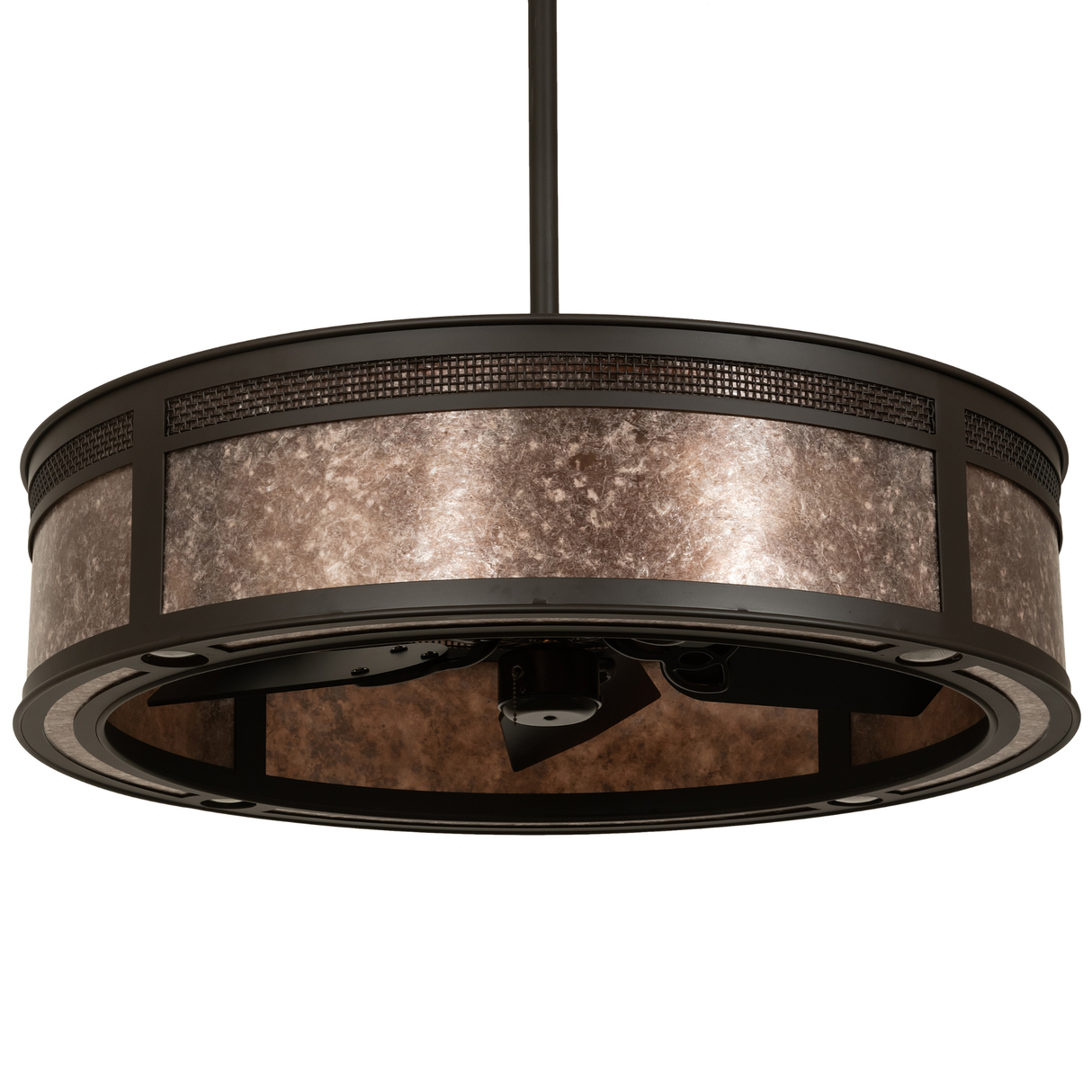 Unlit angled view showing Silver Mica shade and bronze frame