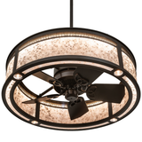 Bottom lit angle view showing integrated fan and downlights