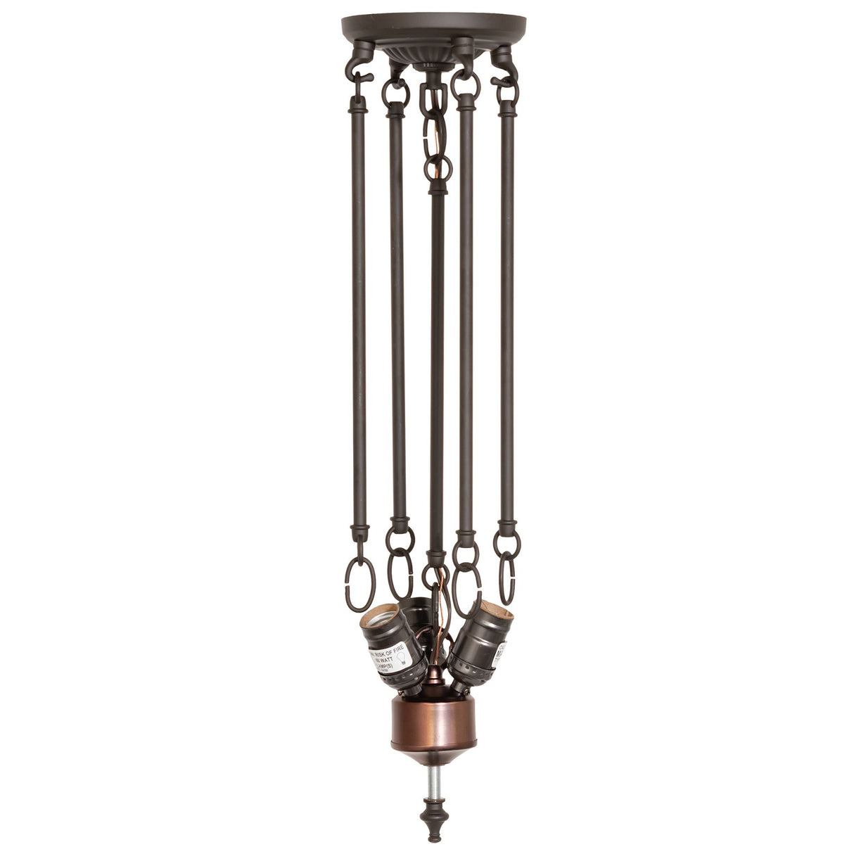 Complete view of the 22" wide mahogany bronze 3-light semi-flushmount hardware.