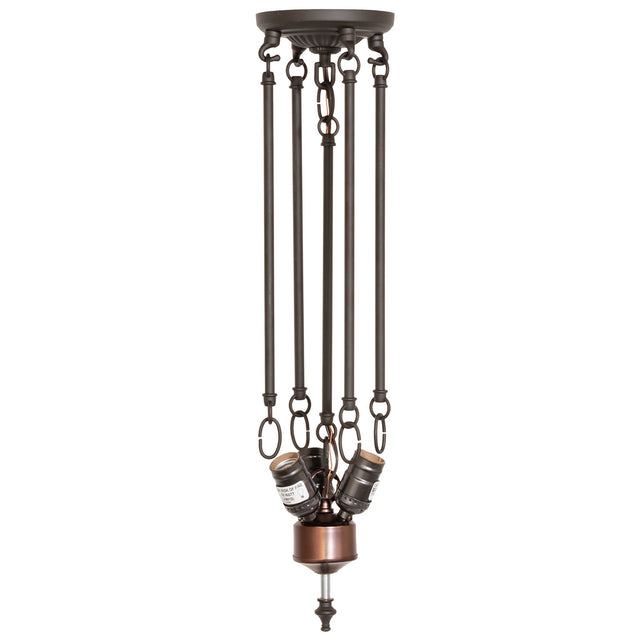 Complete view of the 22" wide mahogany bronze 3-light semi-flushmount hardware.