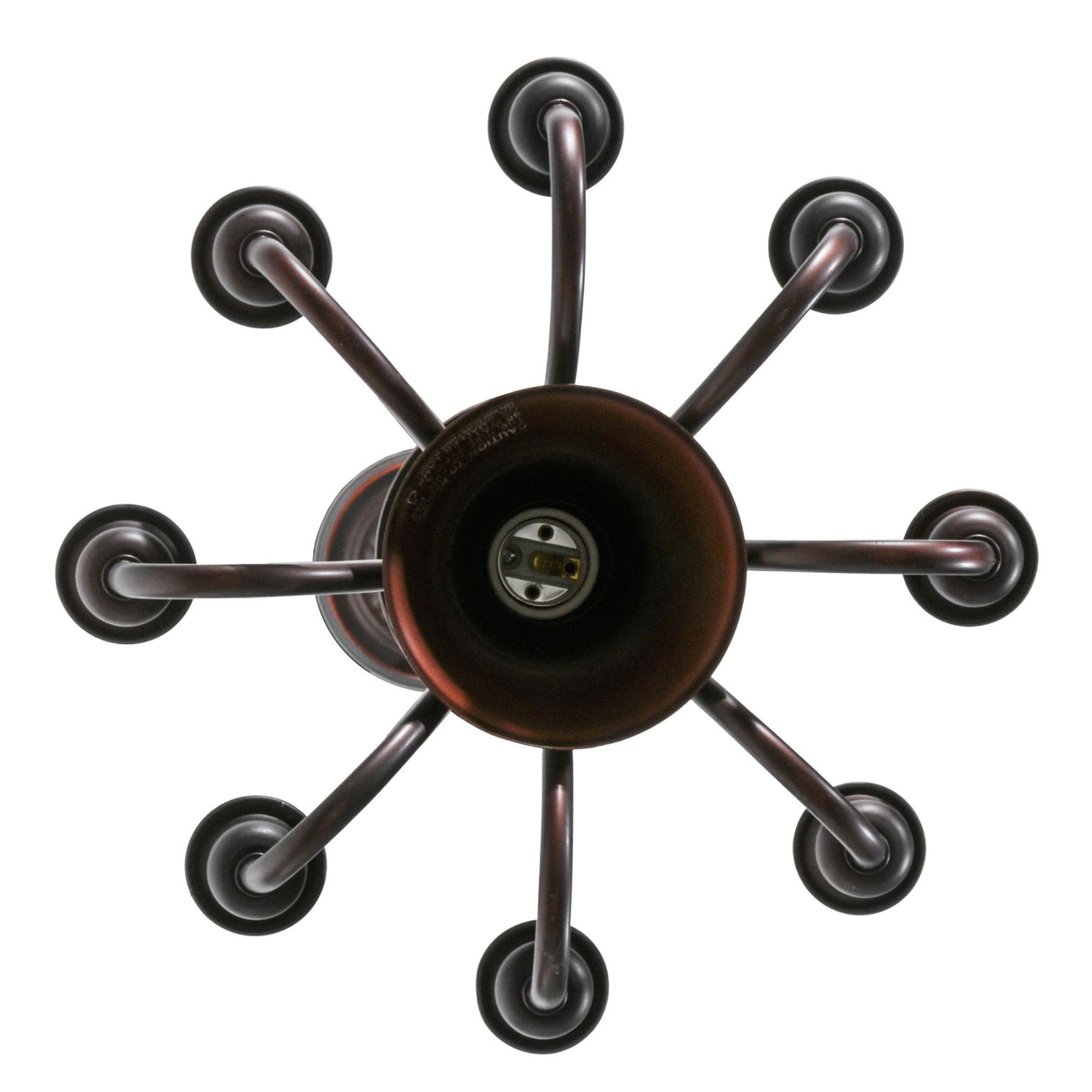 Bottom view of the Mahogany Bronze 8-light chandelier displaying its radial arm design.