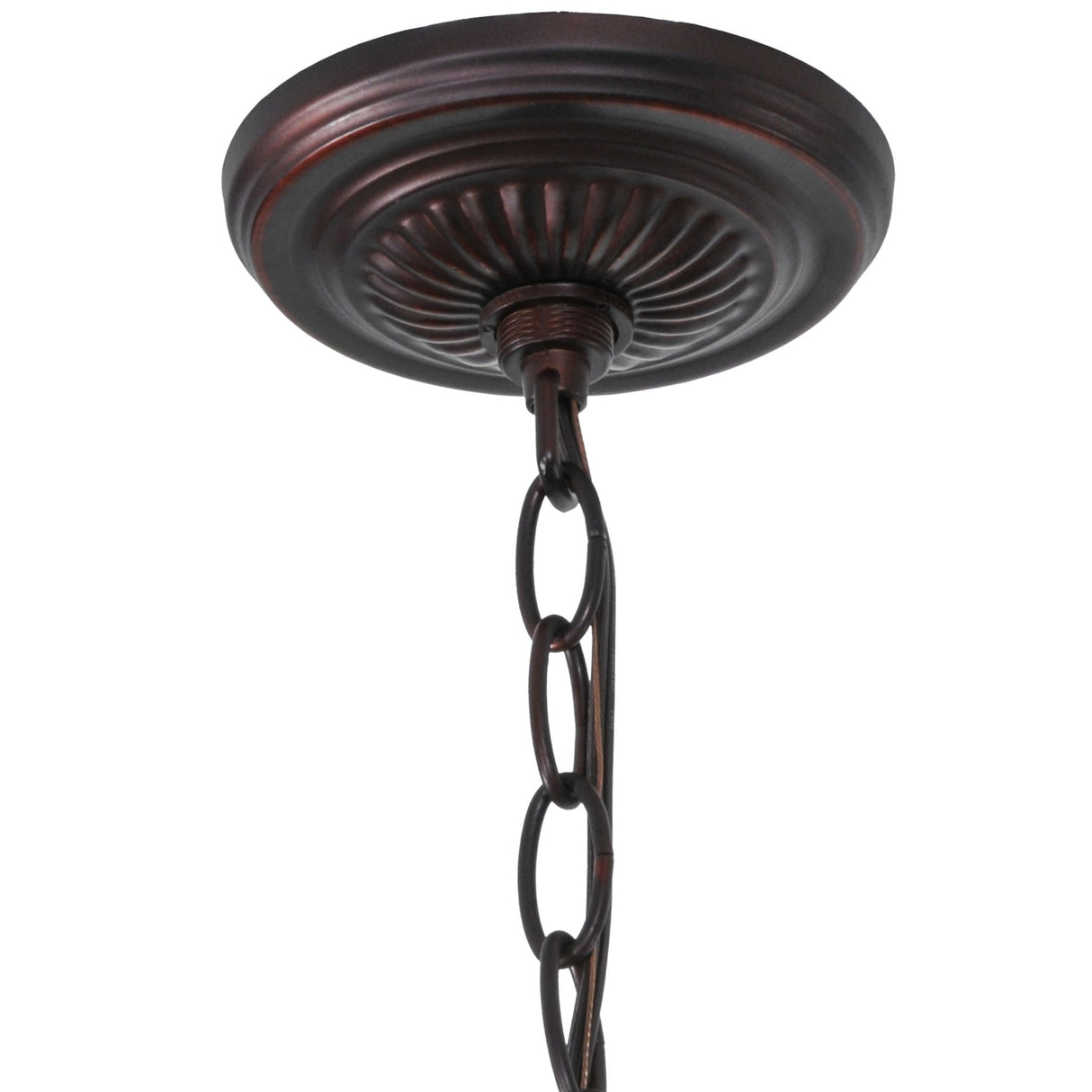 Close-up of the Mahogany Bronze chandelier canopy and chain attachment.