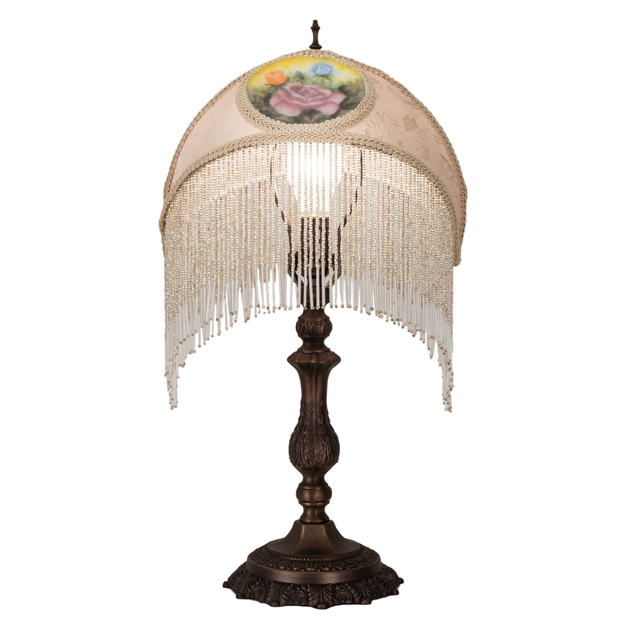 Illuminated Ivory Damask accent lamp with reverse-painted roses and beaded fringe, front view.