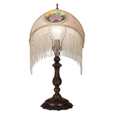 Illuminated Ivory Damask accent lamp with reverse-painted roses and beaded fringe, front view.