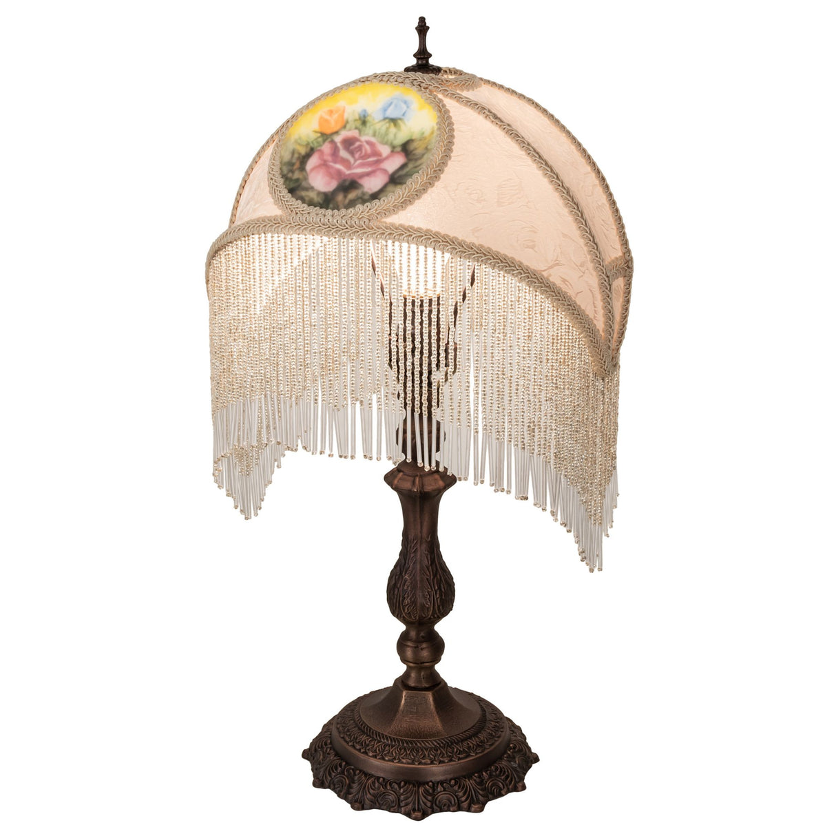 Mahogany bronze finish accent lamp with ivory damask textrene shade and beaded fringe.