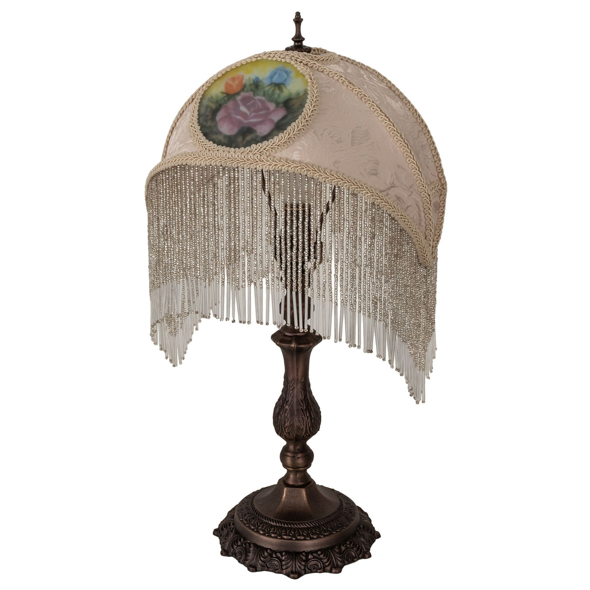Ivory Damask accent lamp with fringe detailing and reverse-painted roses, profile view.
