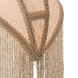 Close-up of ivory shade fabric and intricate braided trim with beaded fringe.