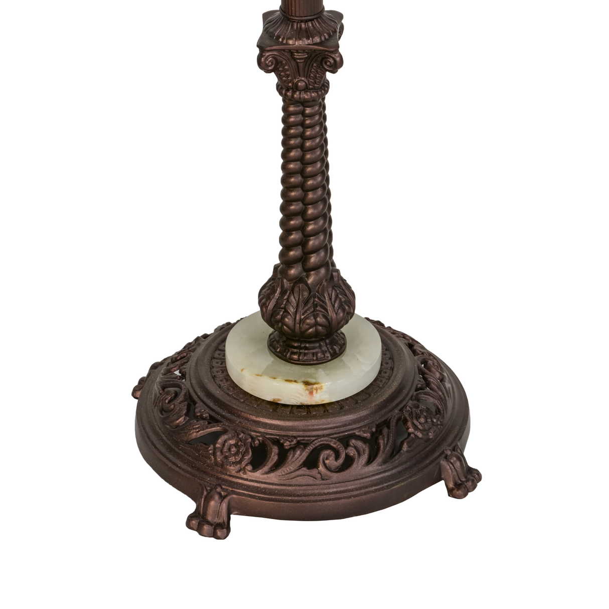 Close-up of decorative mahogany bronze lamp base with onyx accent.