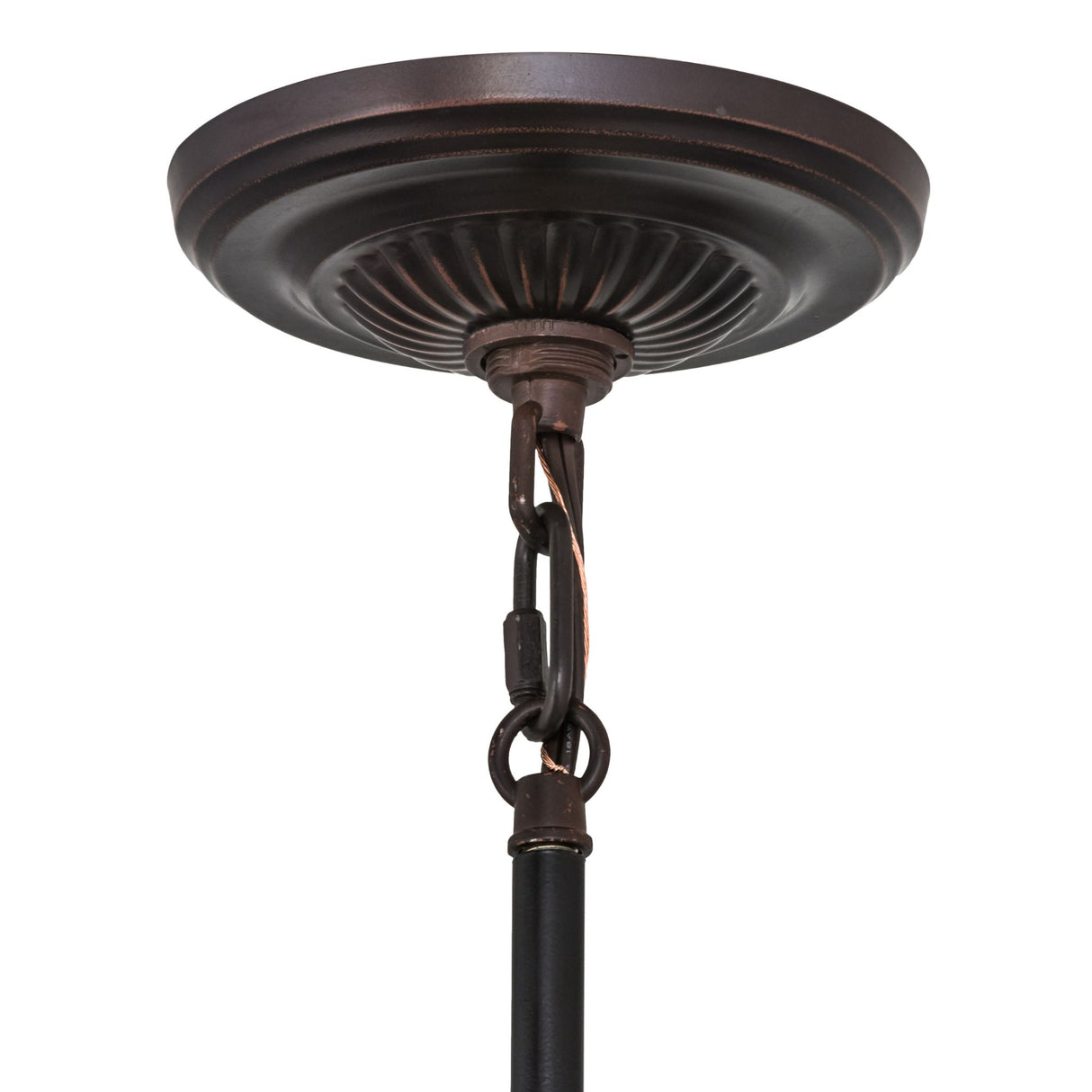 Close-up view of Mahogany Bronze pendant hardware showcasing chain and ceiling mount details.