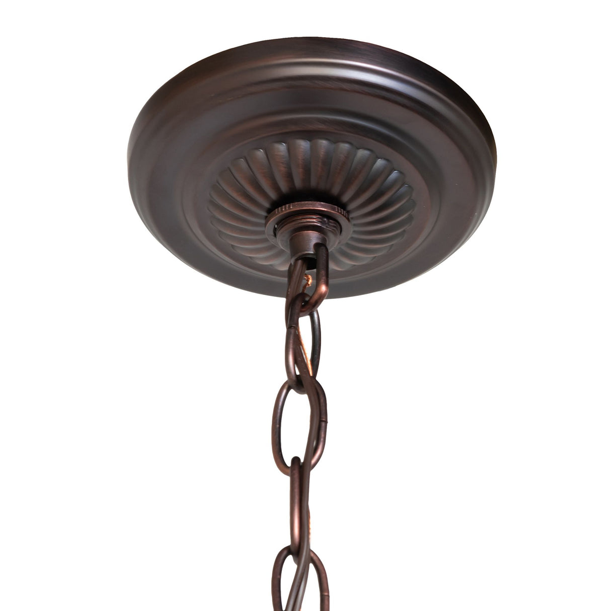 Canopy detail view with mahogany bronze finish and decorative chain connection.