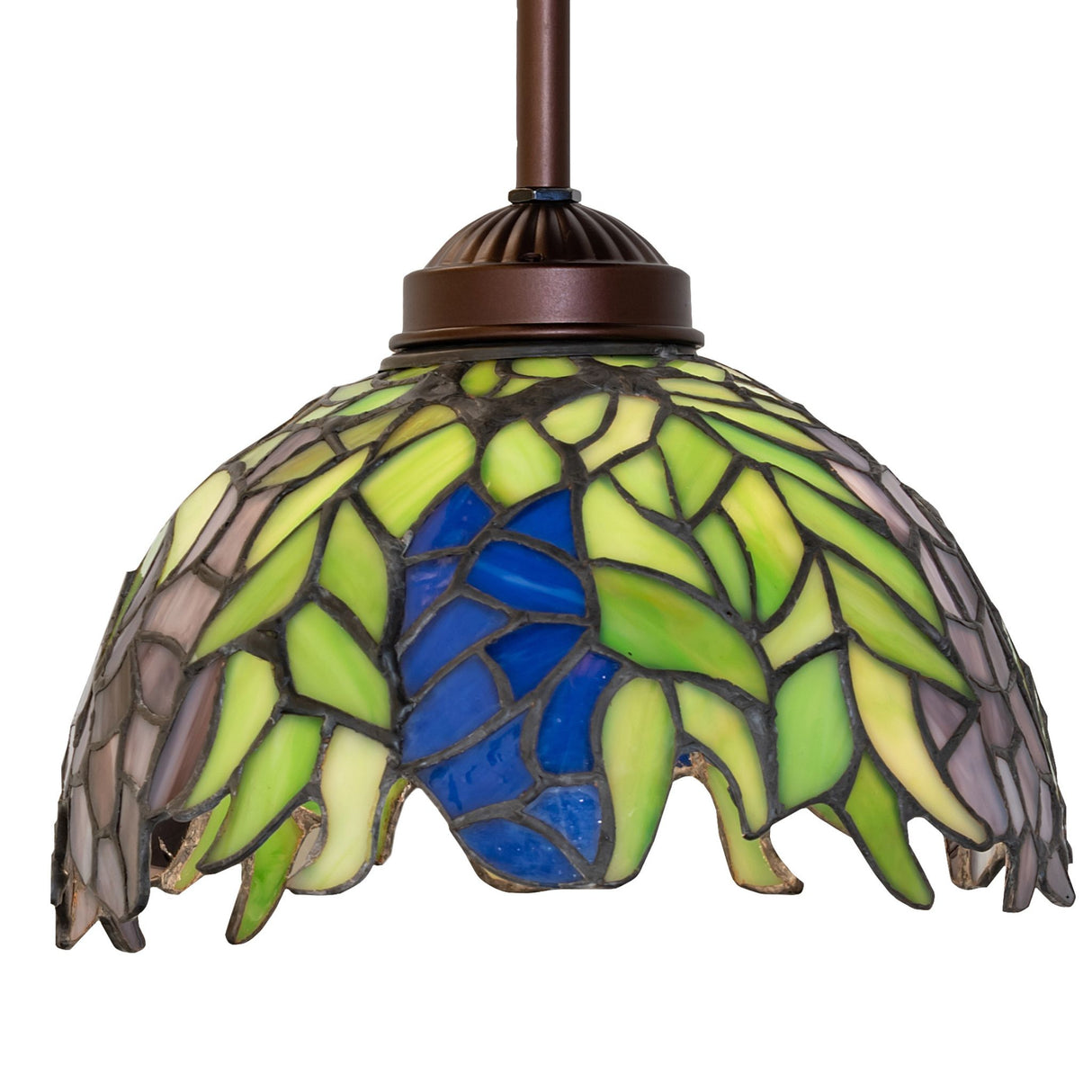 Front view of the Tiffany Honey Locust Pendant showcasing spring green leaves.