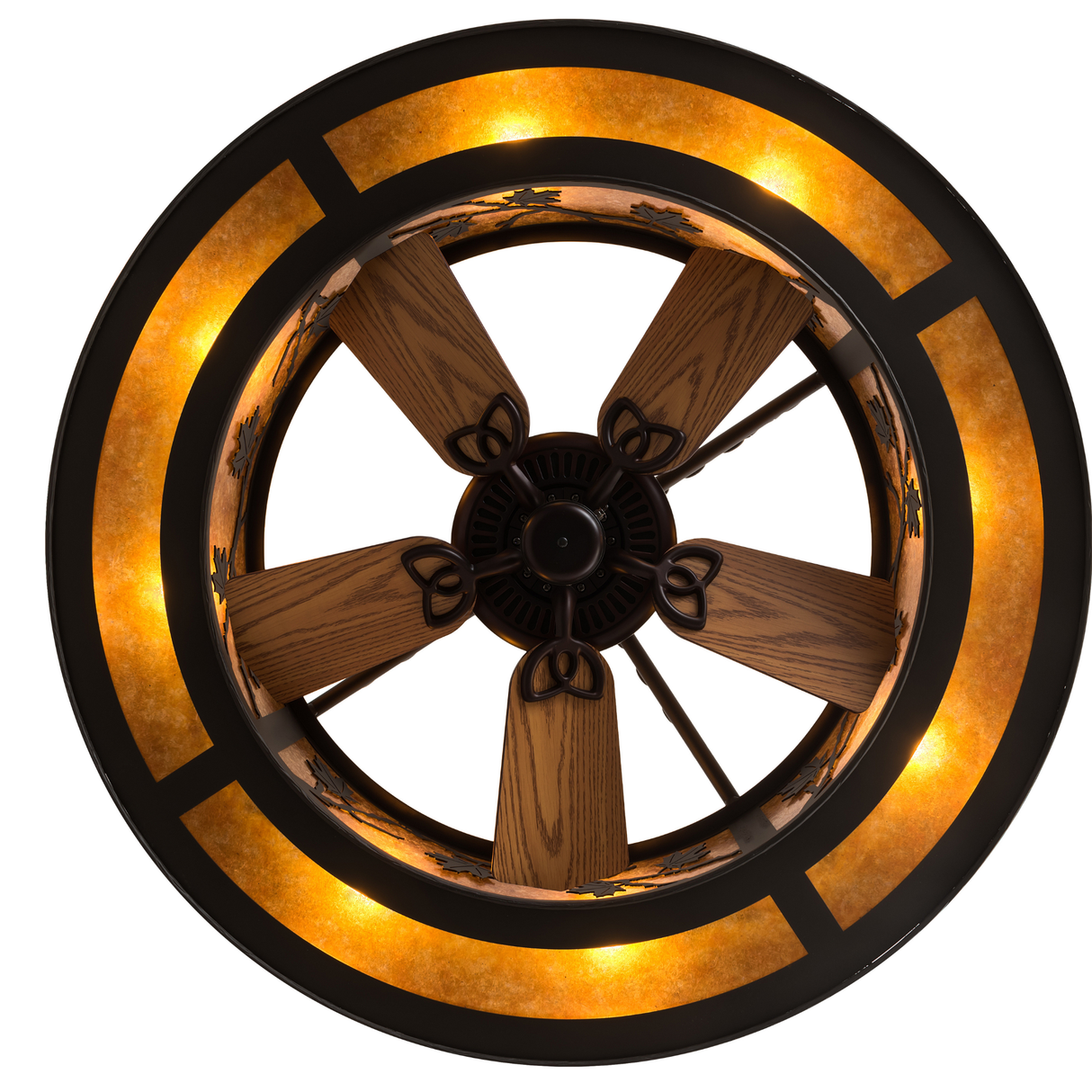 Bottom lit view of Maple Leaf Chandel-Air with fan and warm lighting ring.