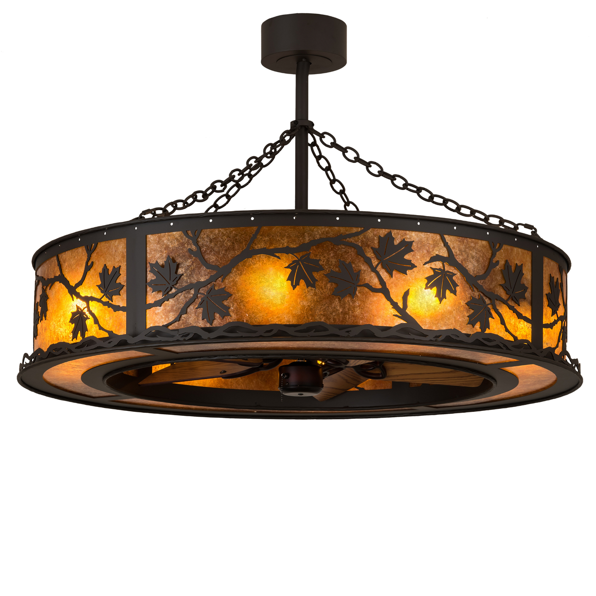 Lit angled view of Maple Leaf Chandel-Air with glowing Amber Mica diffuser.