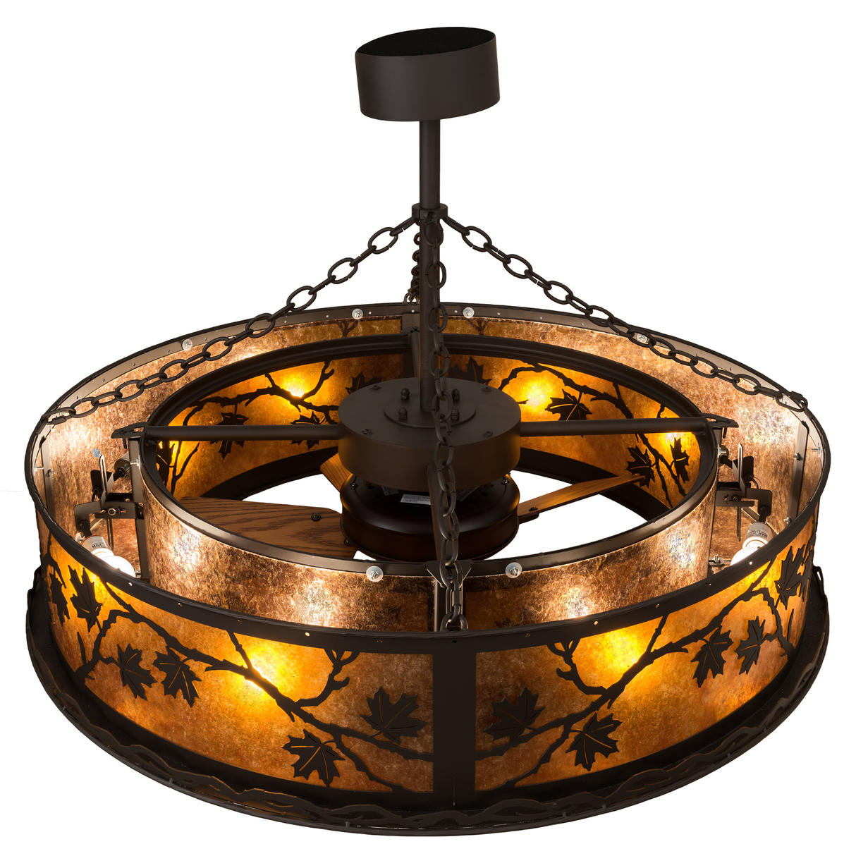 Top angled lit view displaying leaf motifs and chain suspension design.
