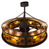 Top angled lit view displaying leaf motifs and chain suspension design.