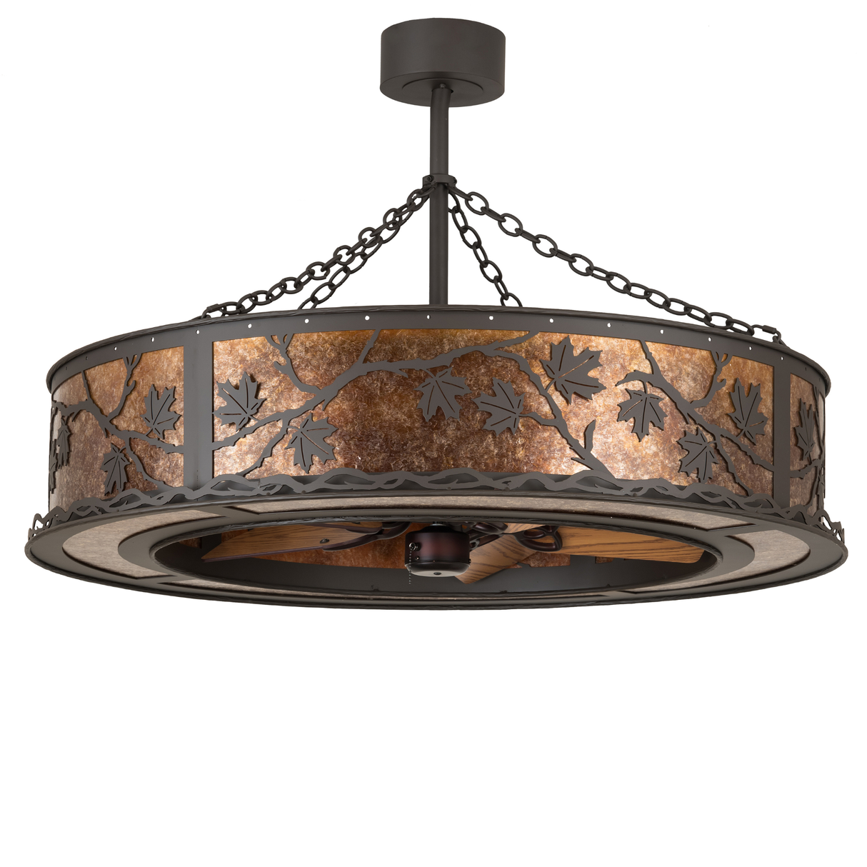 Unlit angled view showing maple leaf patterns and bronze frame.