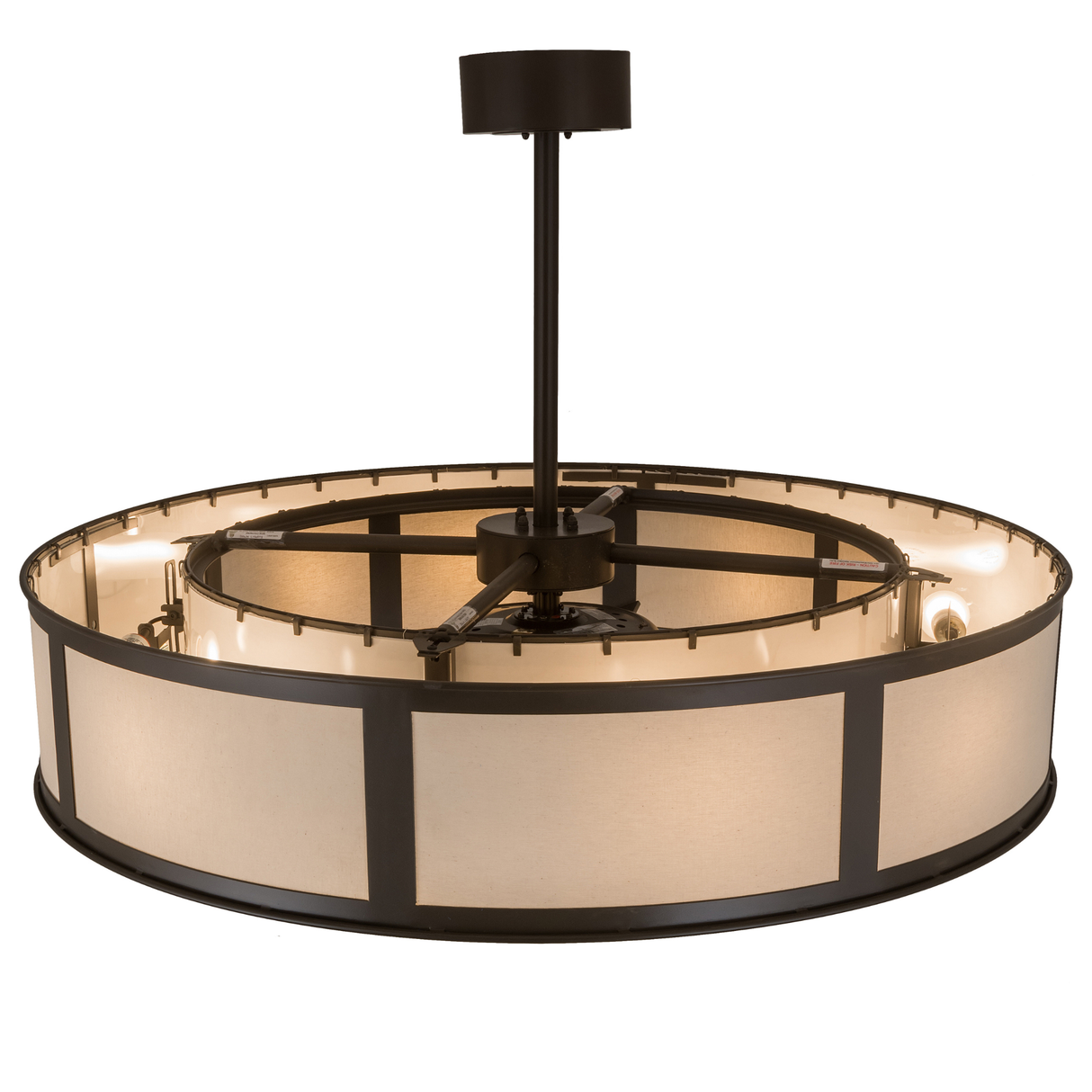 Top angled lit view revealing fabric panels and fan placement.